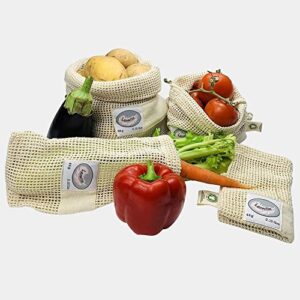 Larovita Bolsa para pan, fruta o verdura, 100 % algodón orgánico, certificado GOTS con indicación de peso, 4 unidades