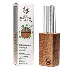 Nÿ Straw | Juego de 8 pajitas de cristal (pajitas de 20 cm), con cepillo de limpieza y soporte de madera, sin plástico y apto para lavavajillas, pajitas de cóctel, pajitas de cristal, pajitas, accesorios de ginebra
